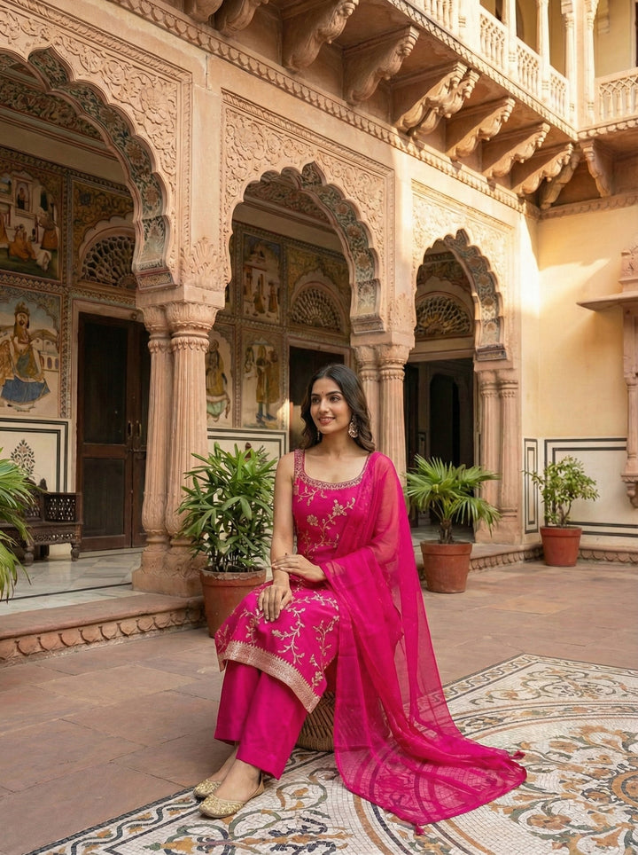 Neerus Pink Organza Hand Embroidered Suit Set - side view