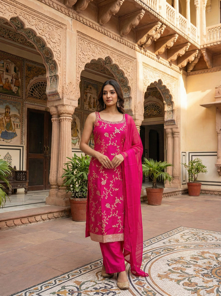 Neerus Pink Organza Hand Embroidered Suit Set - front view