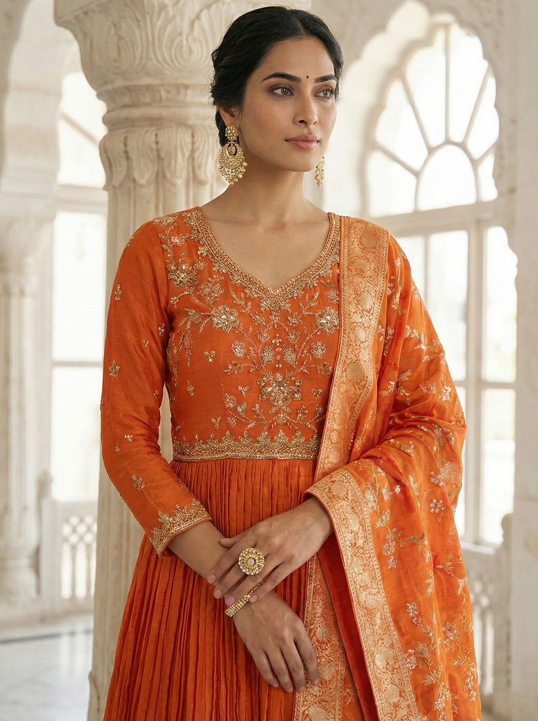 Neerus Orange Chinon Embroidered Anarkali Suit Set - side view