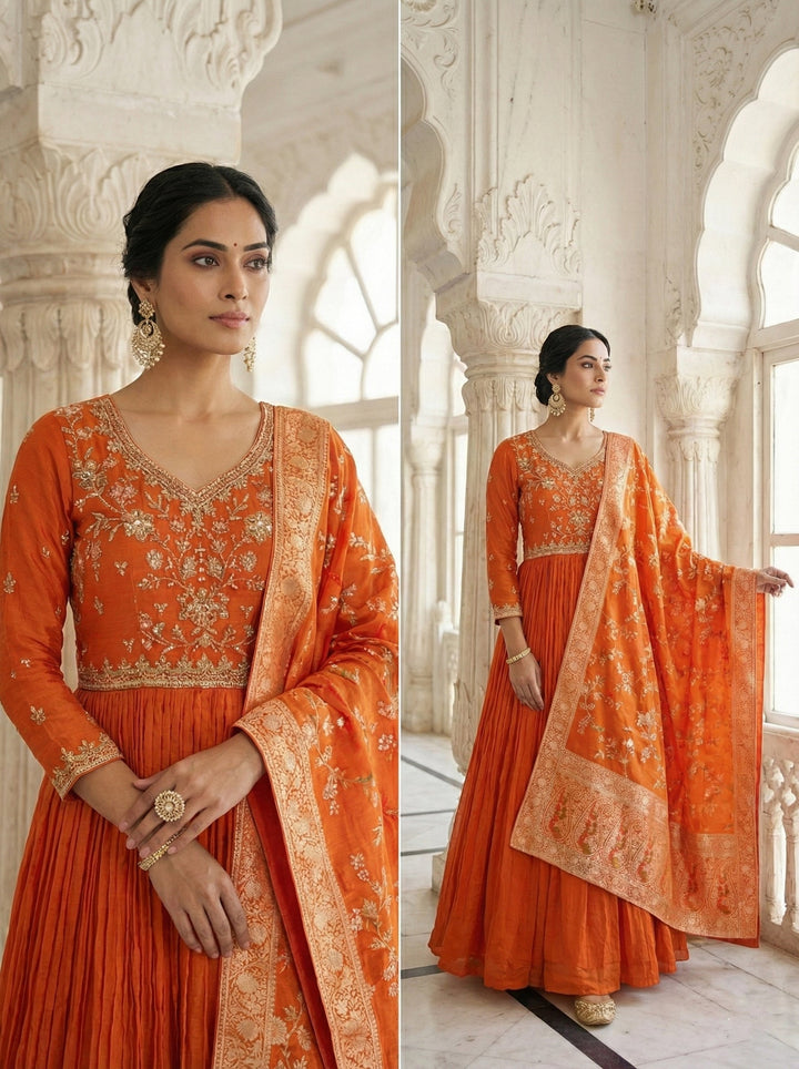 Neerus Orange Chinon Embroidered Anarkali Suit Set - back view