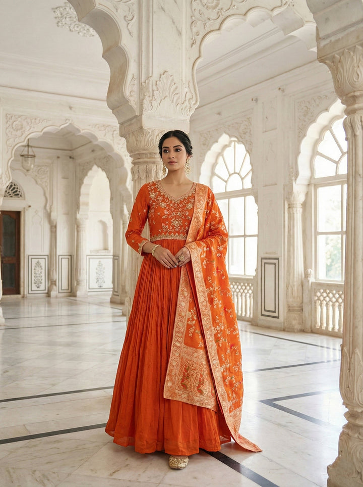 Neerus Orange Chinon Embroidered Anarkali Suit Set - front view