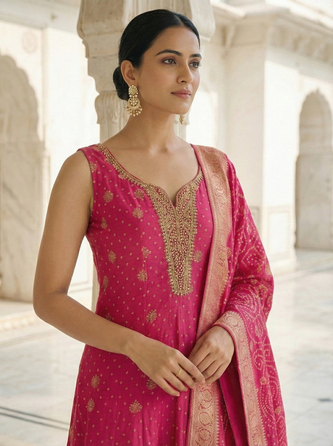 Neerus Pink Silk Embroidered Suit Set - back view