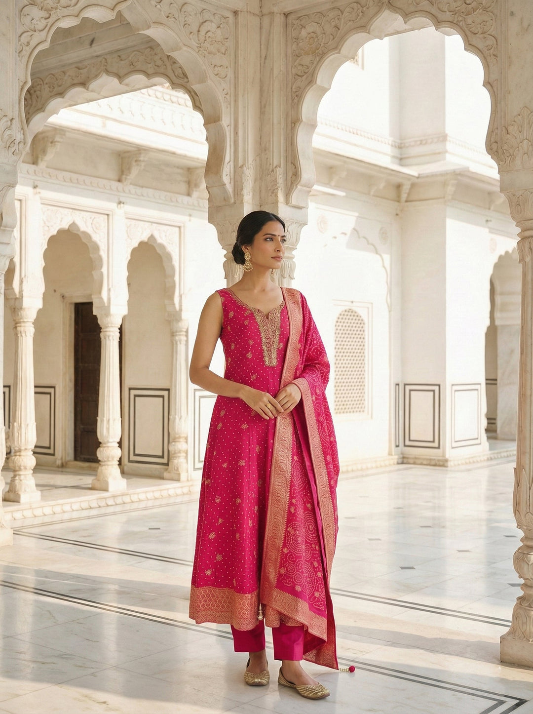 Neerus Pink Silk Embroidered Suit Set - side view