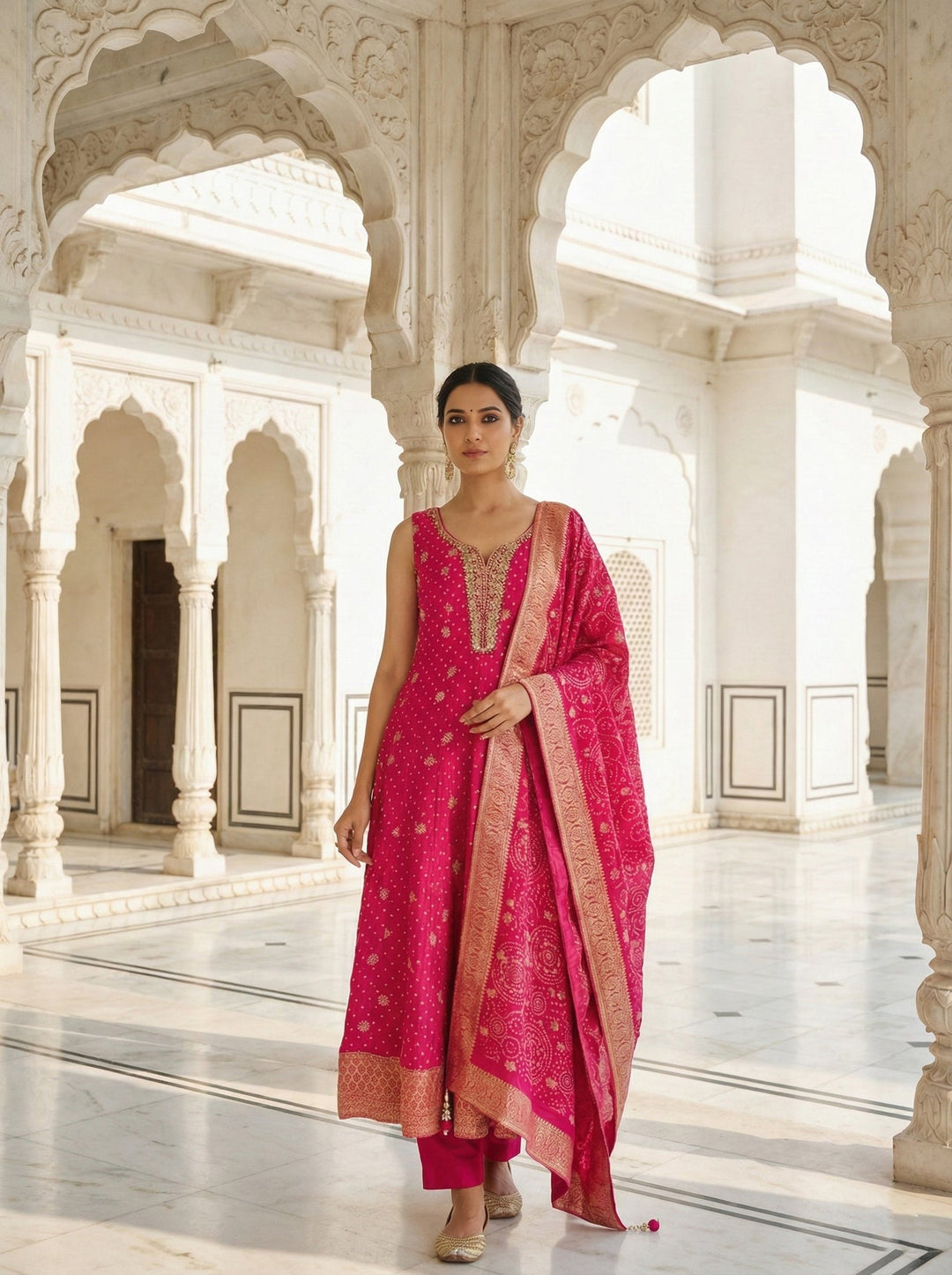 Neerus Pink Silk Embroidered Suit Set - front view