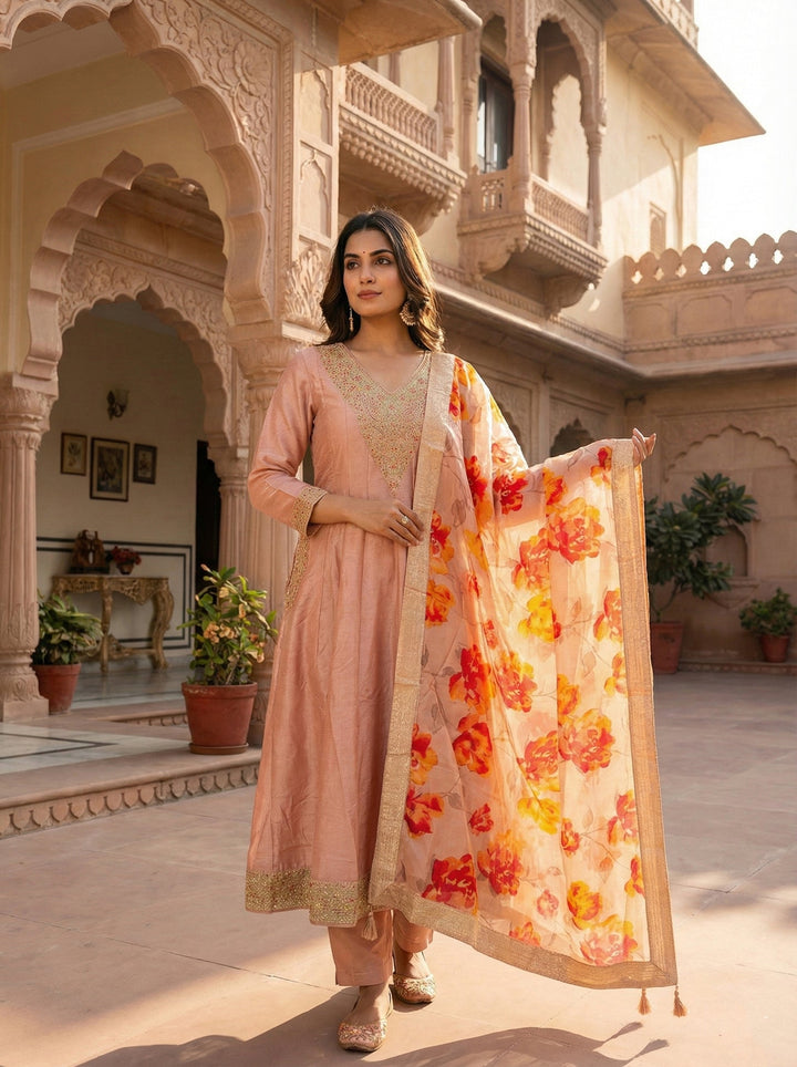 Neerus Pink silk hand embroidered suit set - front view