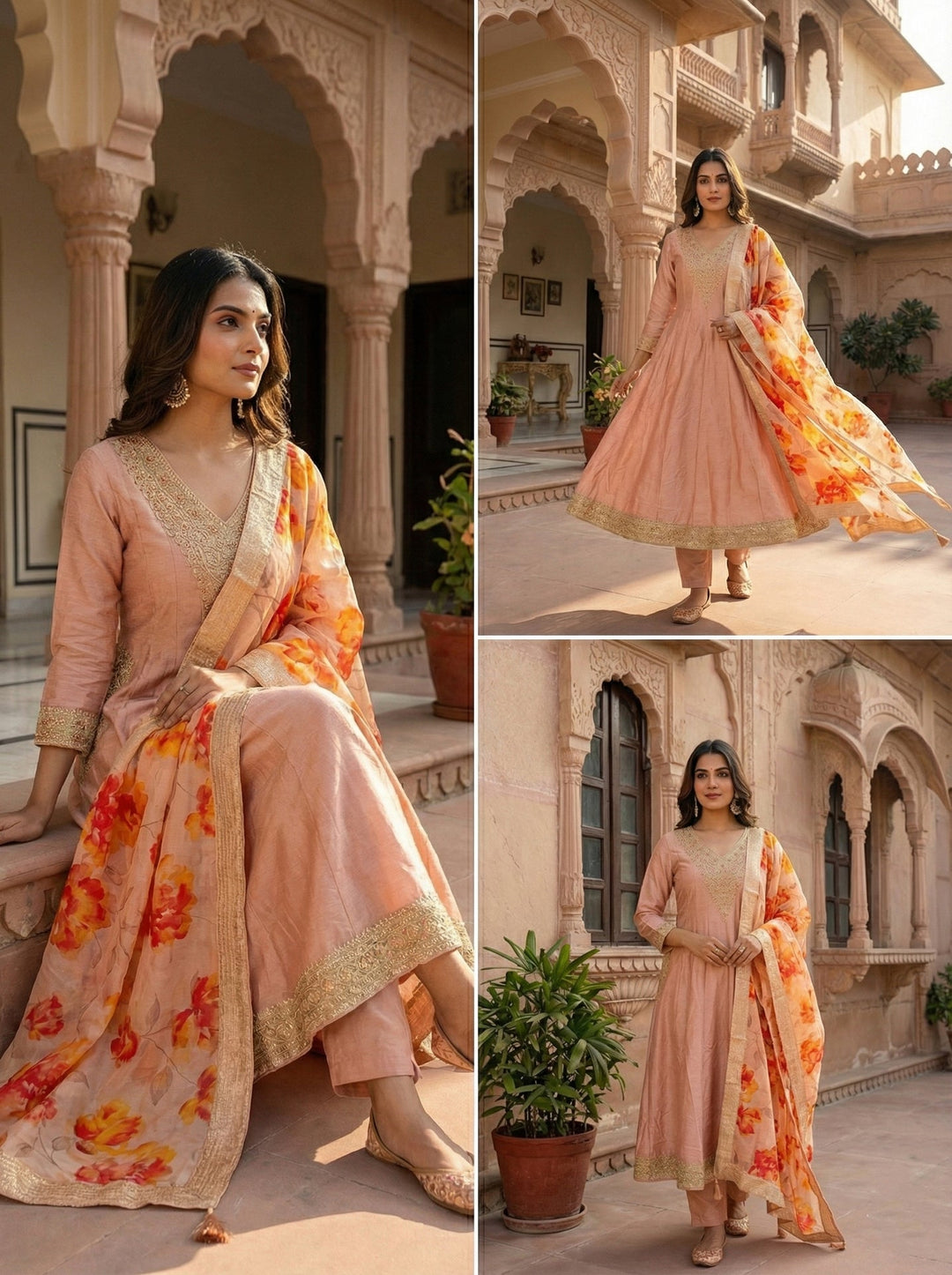 Neerus Pink silk hand embroidered suit set - back view
