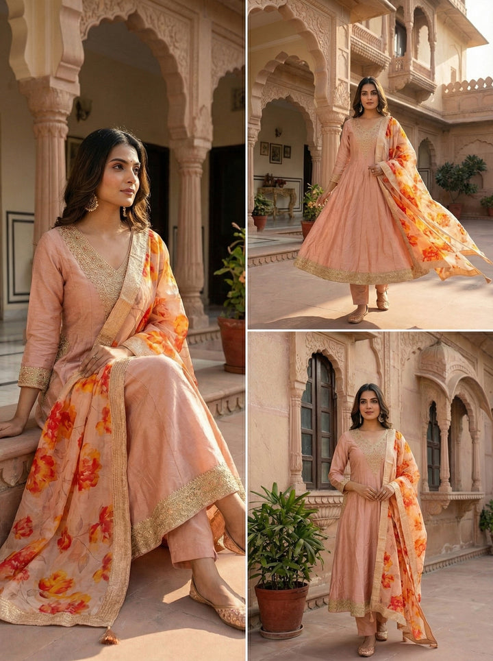 Neerus Pink silk hand embroidered suit set - back view