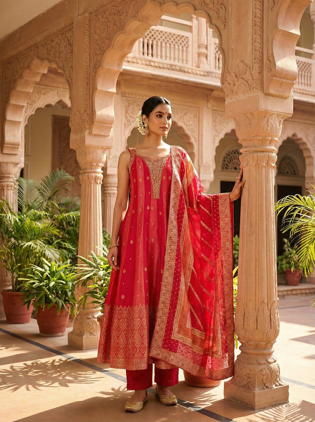 Neerus Pink silk embellished suit set - front view