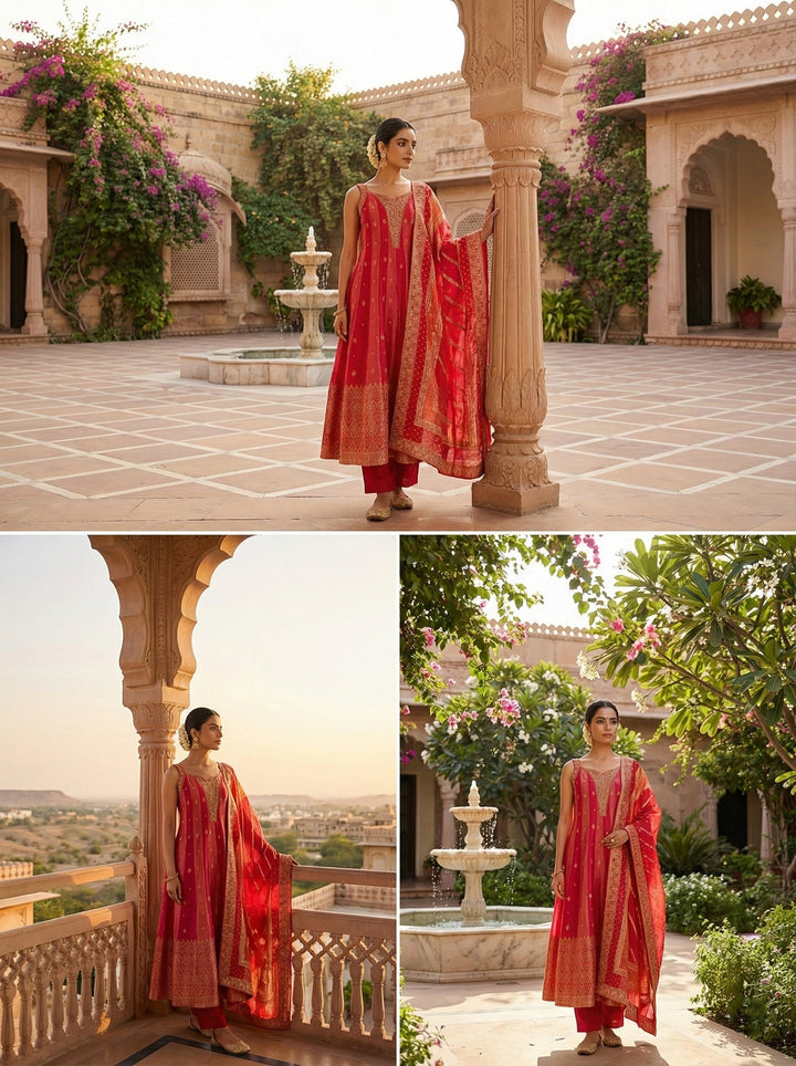 Neerus Pink silk embellished suit set - back view