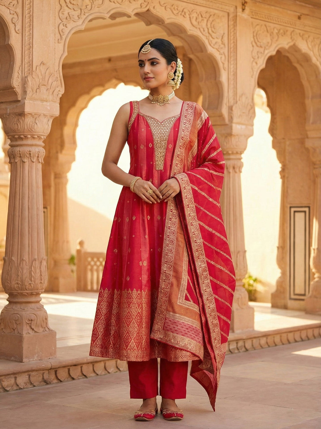 Neerus Pink silk embellished suit set - side view