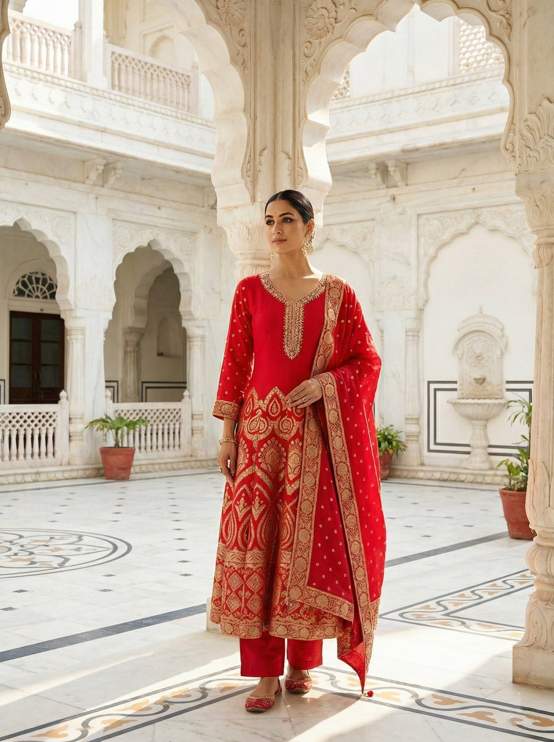 Neerus Red Banarasi digital printed suit set - front view