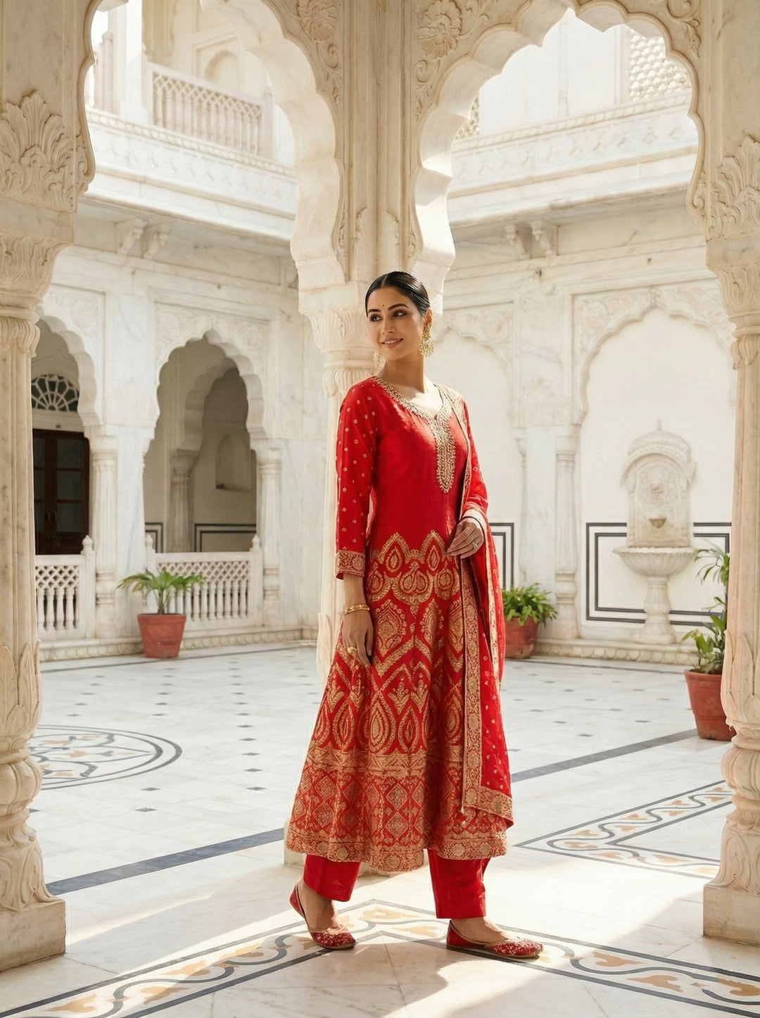 Neerus Red Banarasi digital printed suit set - back view