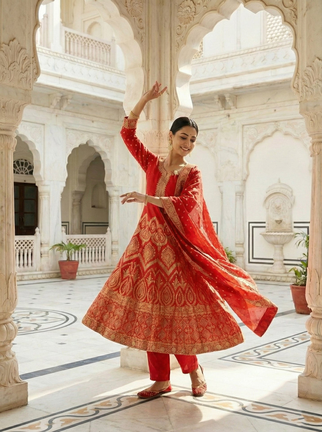Neerus Red Banarasi digital printed suit set - side view