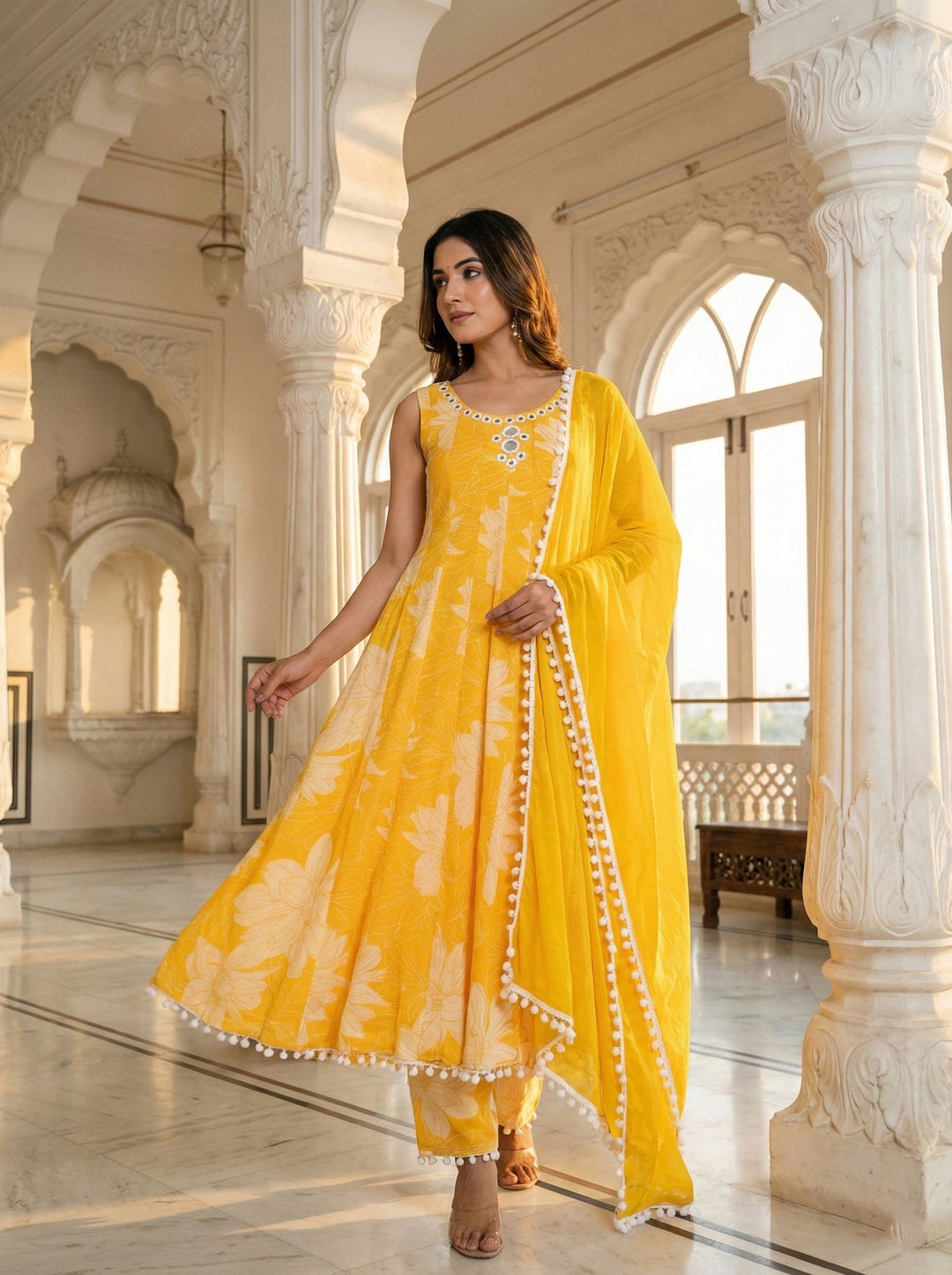 Neerus Yellow georgette printed suit set - front view