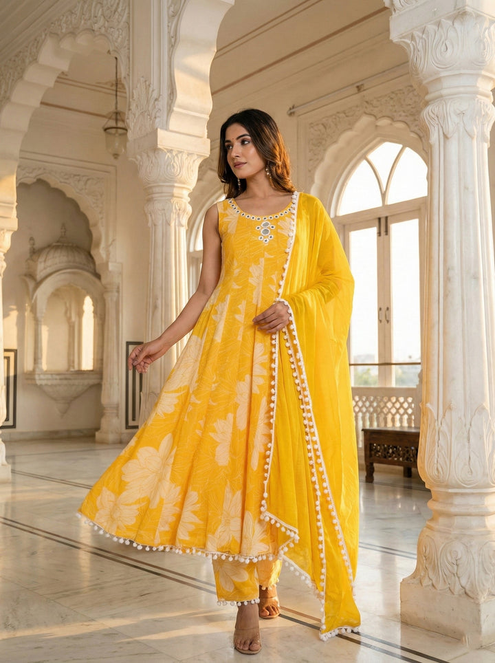 Neerus Yellow georgette printed suit set - front view