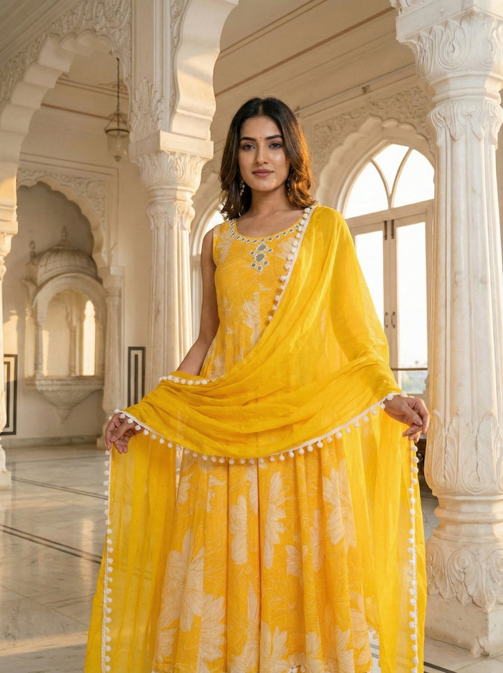 Neerus Yellow georgette printed suit set - side view