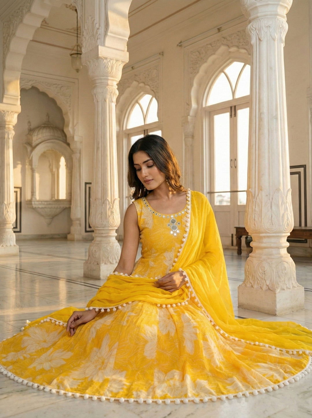 Neerus Yellow georgette printed suit set - detail view 1