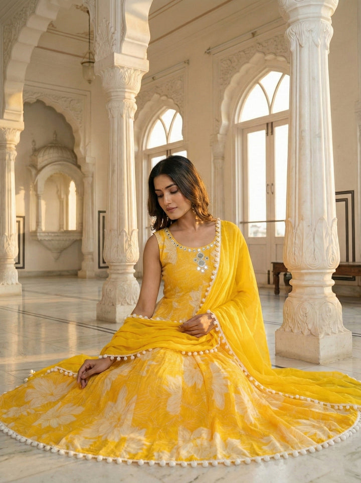 Neerus Yellow georgette printed suit set - detail view 1