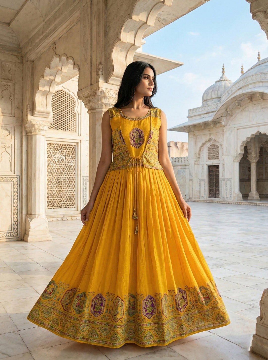 Neerus Yellow georgette digital printed maxi dress - front view