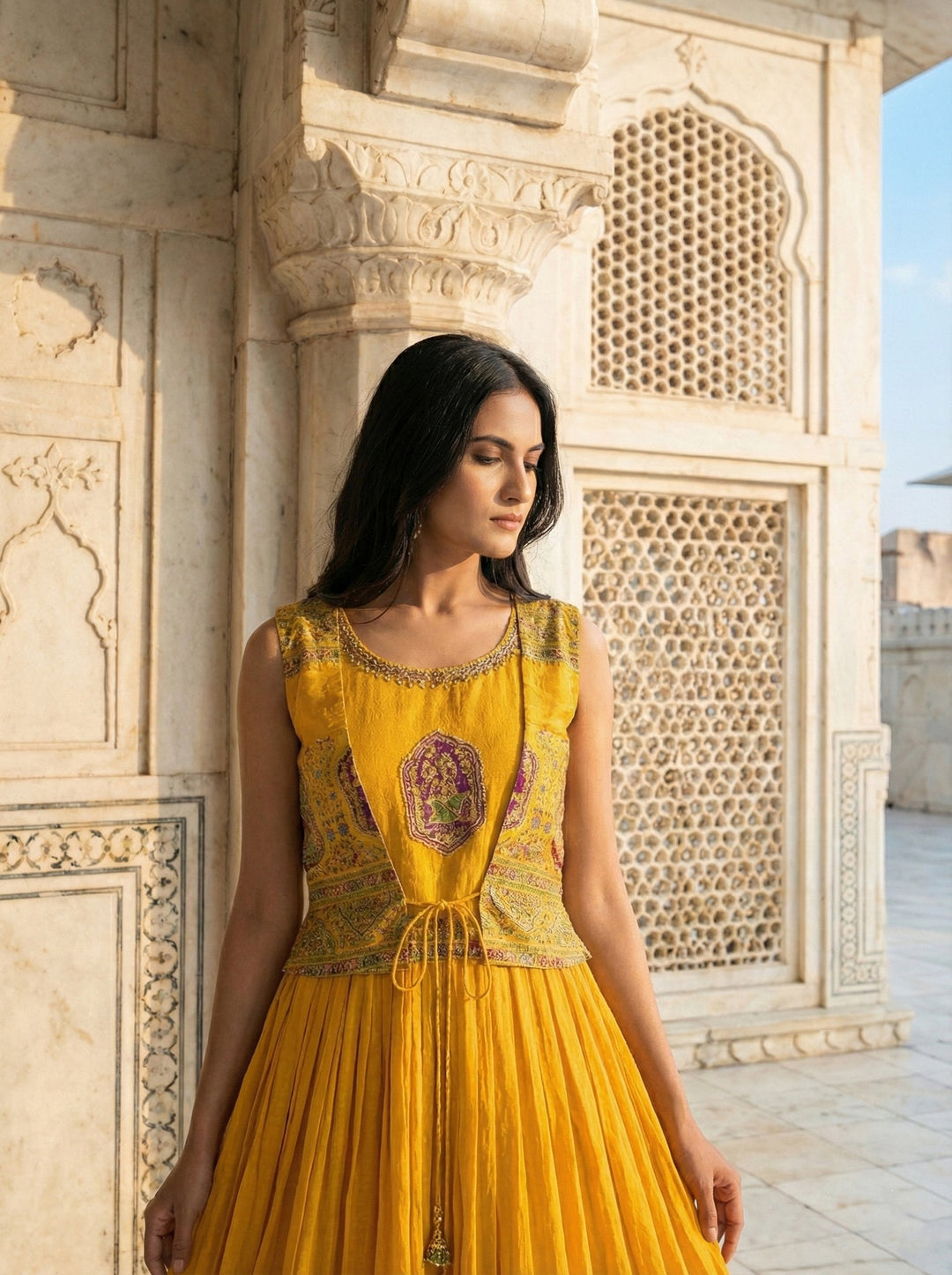Neerus Yellow georgette digital printed maxi dress - detail view 1