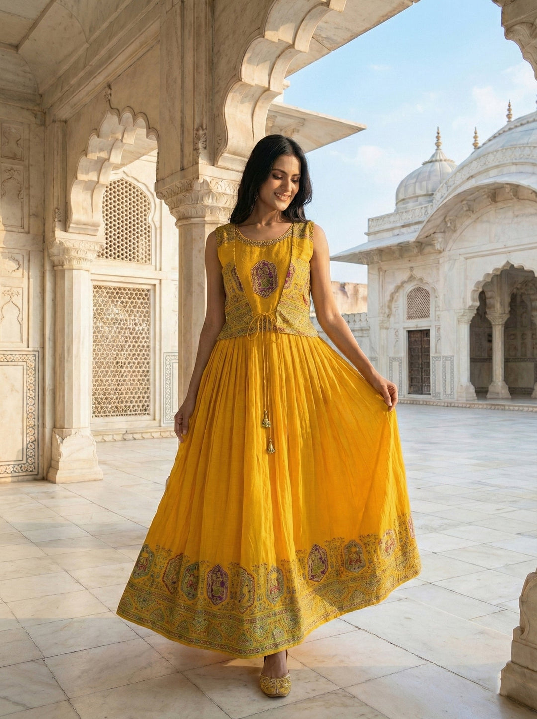 Neerus Yellow georgette digital printed maxi dress - back view