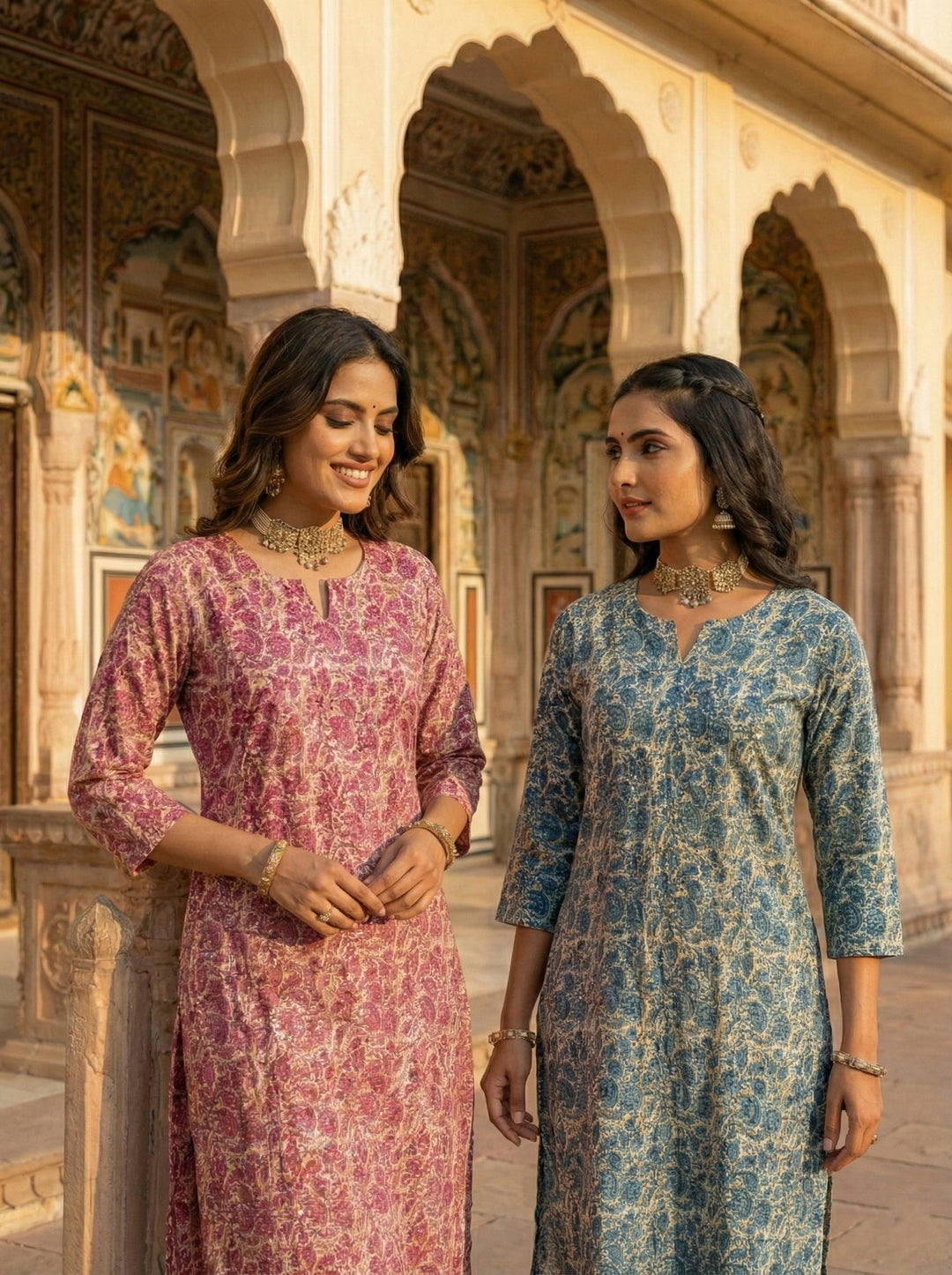 Neerus Pink cotton digital printed kurta - back view