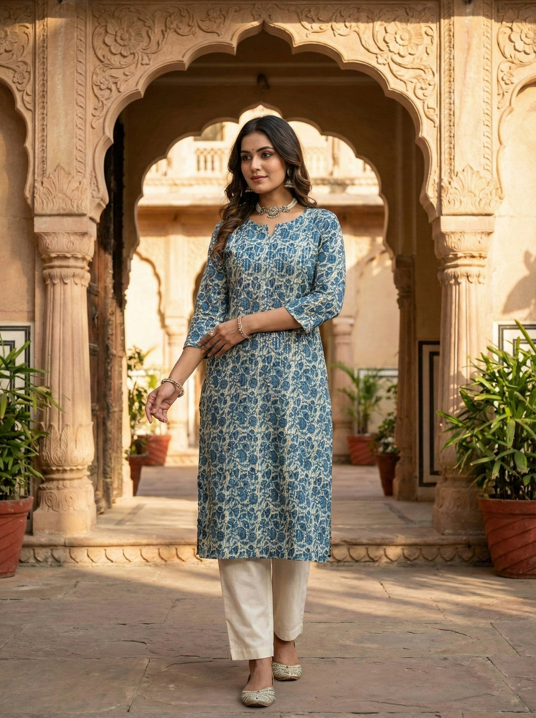 Neerus Green cotton digital printed kurta - front view