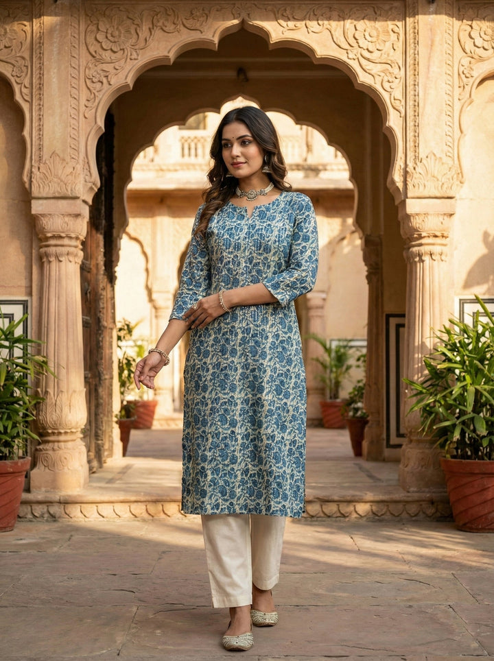 Neerus Green cotton digital printed kurta - front view