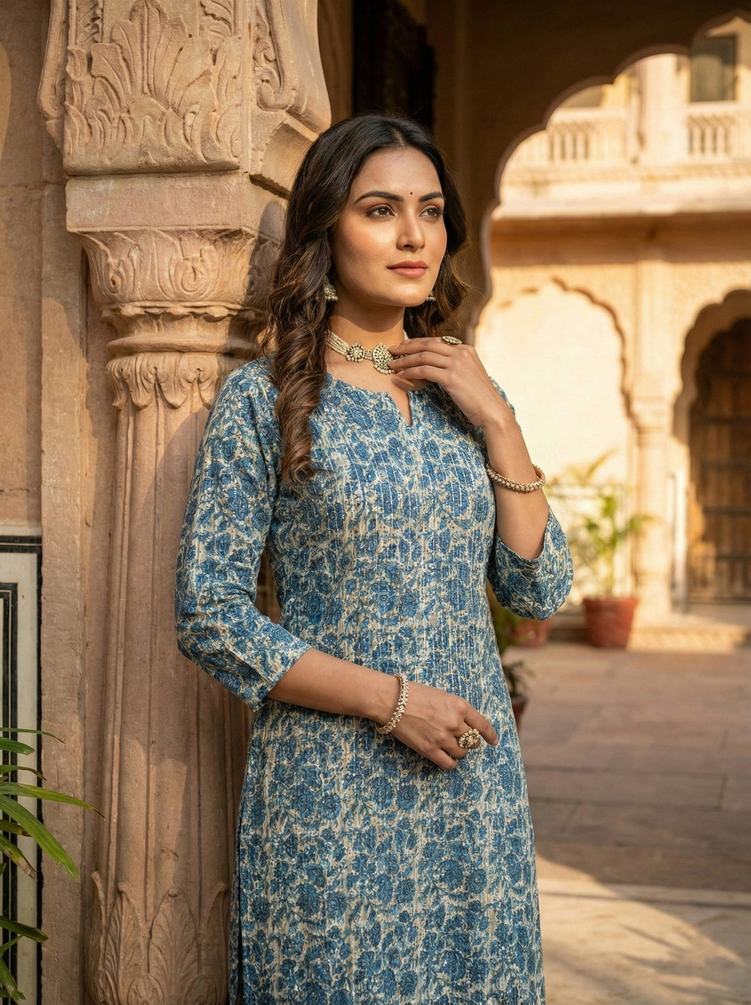 Neerus Green cotton digital printed kurta - detail view 2