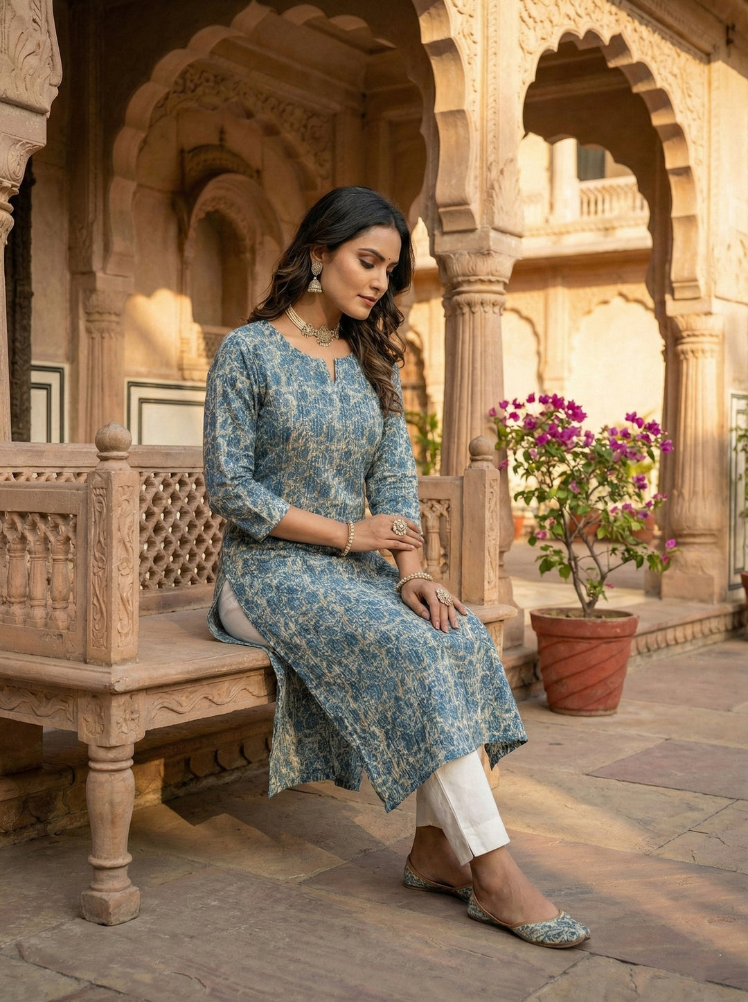 Neerus Green cotton digital printed kurta - side view