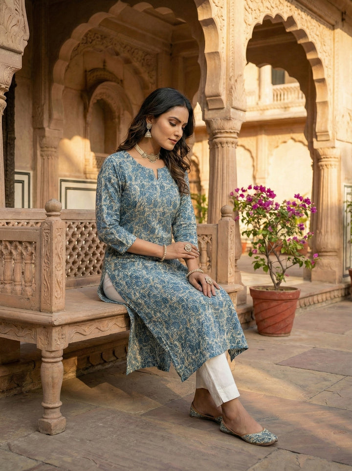 Neerus Green cotton digital printed kurta - side view