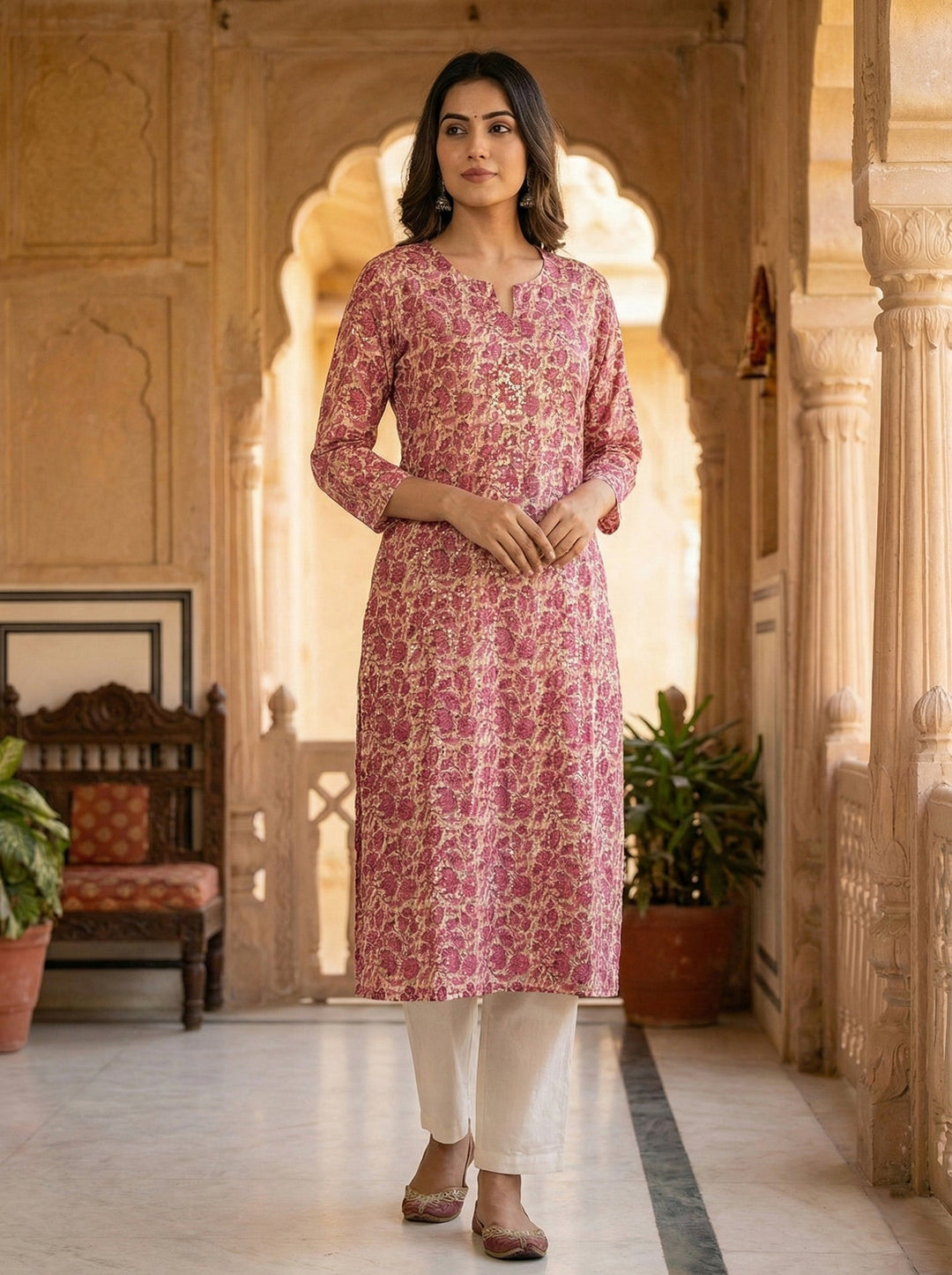 Neerus Pink cotton digital printed kurta - detail view 2