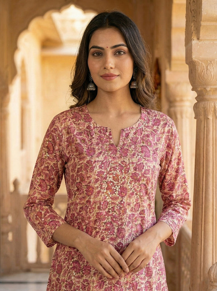 Neerus Pink cotton digital printed kurta - side view