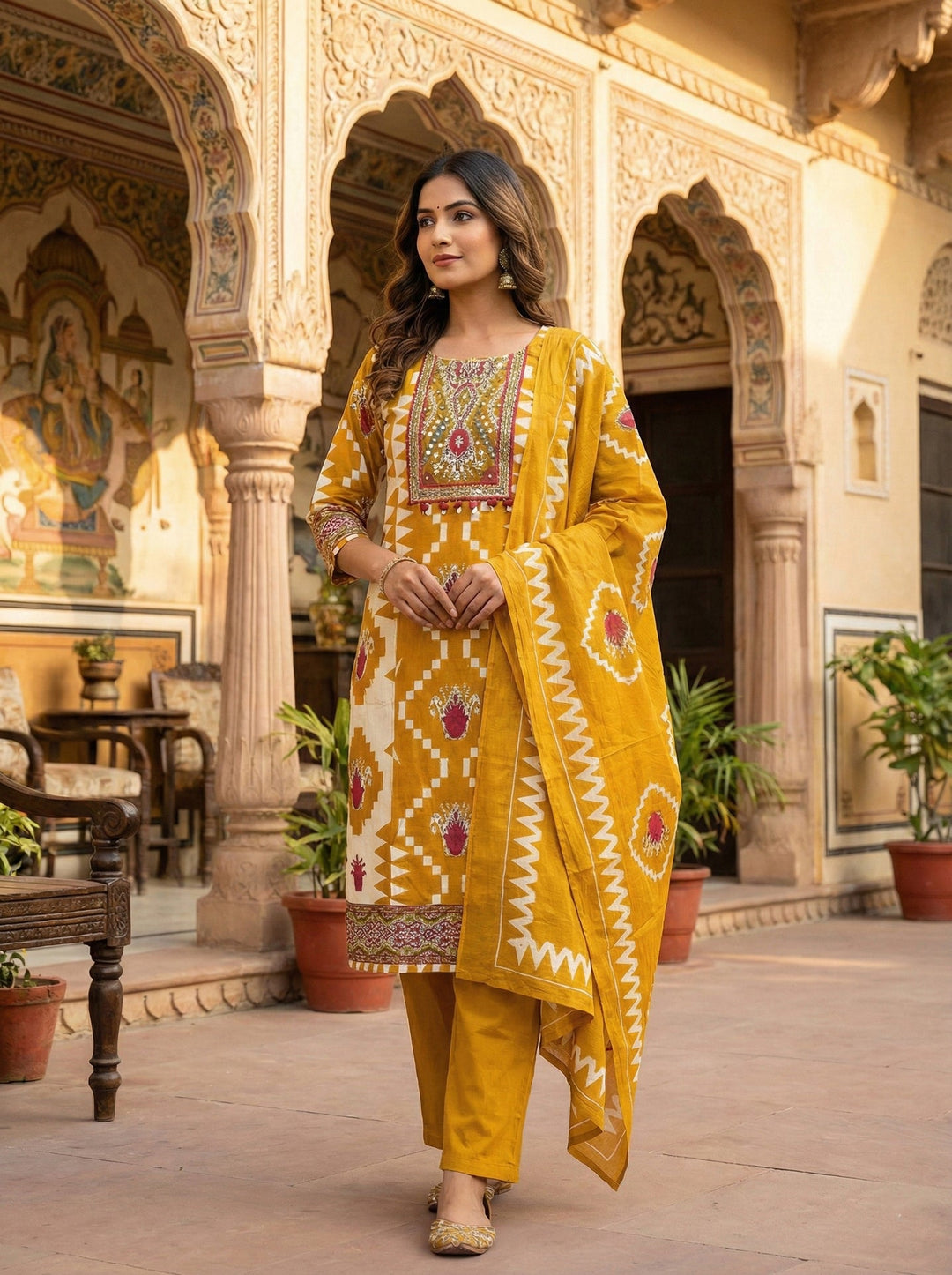 Neerus Yellow cotton digital printed suit set - front view