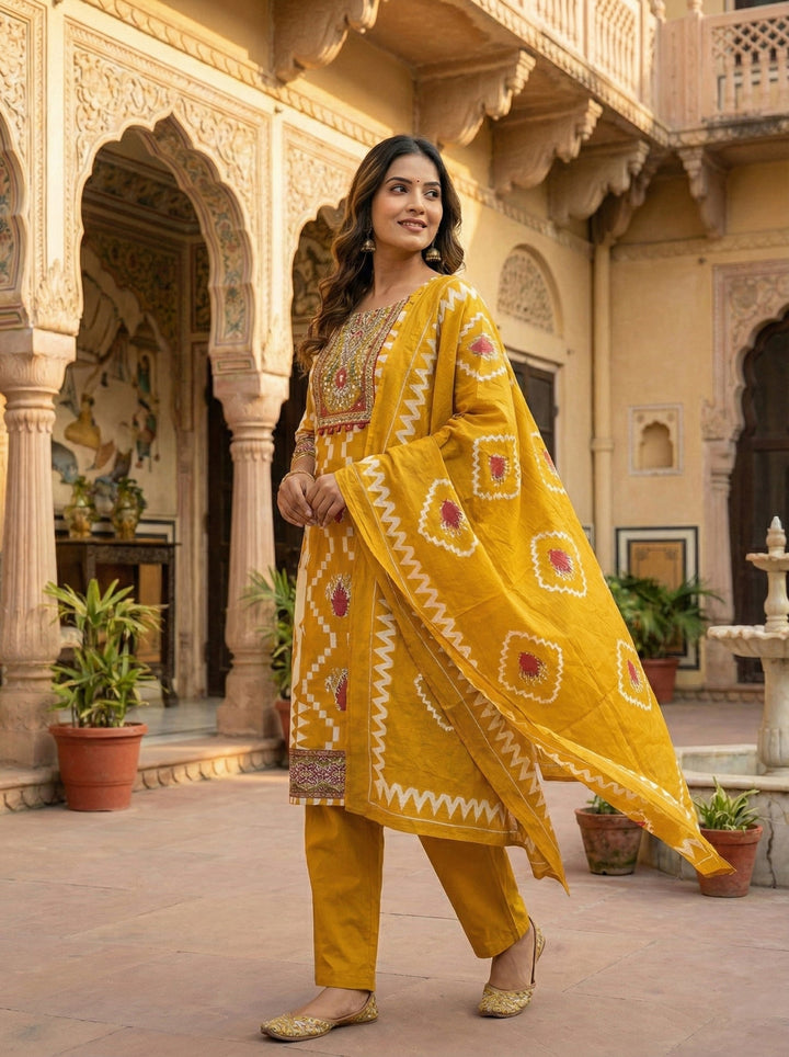 Neerus Yellow cotton digital printed suit set - back view