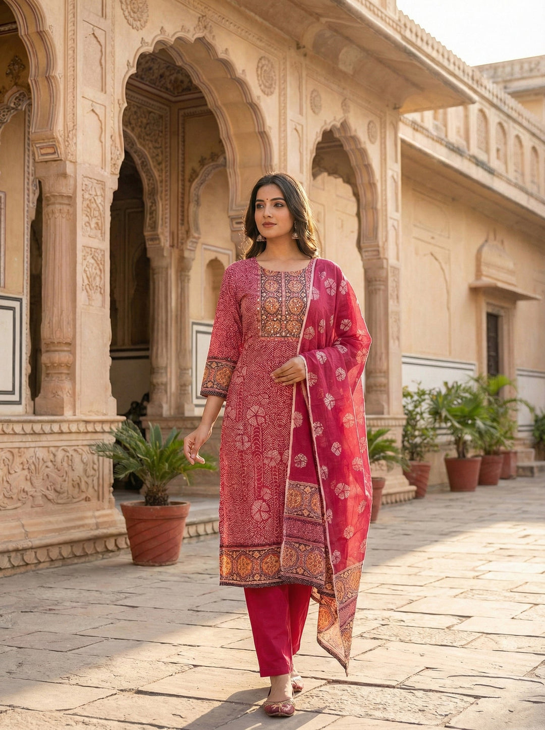 Neerus Maroon cotton digital printed suit set - front view
