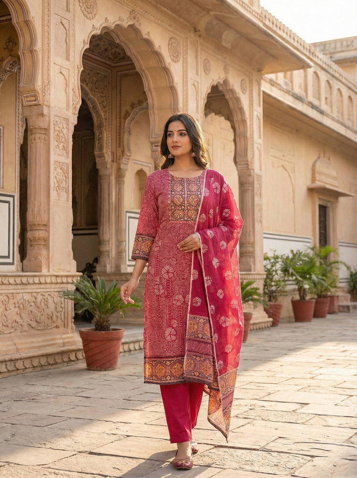 Neerus Maroon cotton digital printed suit set - front view