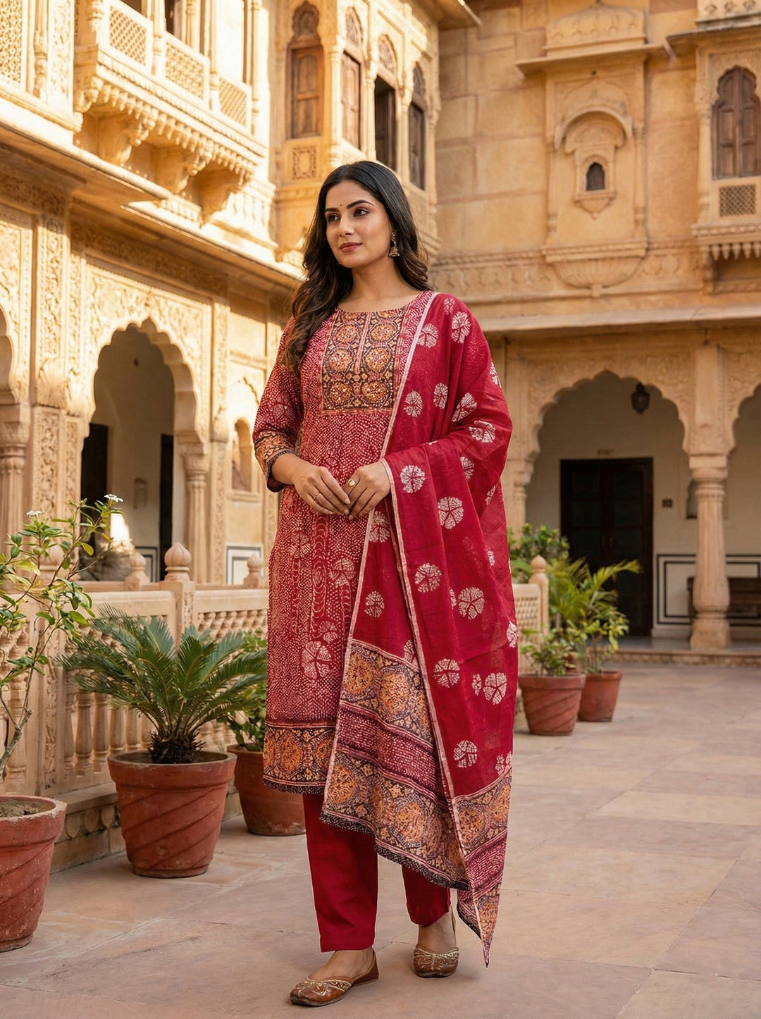 Neerus Maroon cotton digital printed suit set - side view