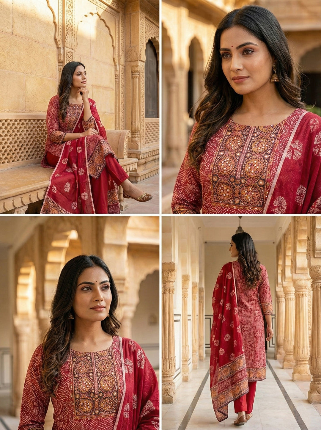 Neerus Maroon cotton digital printed suit set - detail view 1