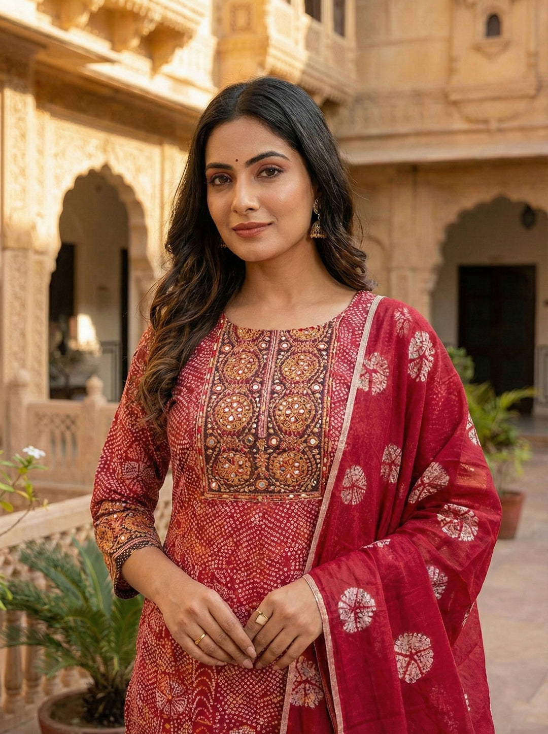 Neerus Maroon cotton digital printed suit set - back view
