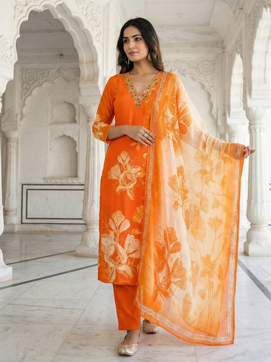 Neerus Orange crepe digital printed suit set - front view