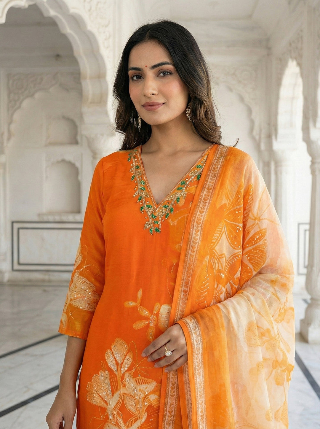 Neerus Orange crepe digital printed suit set - back view