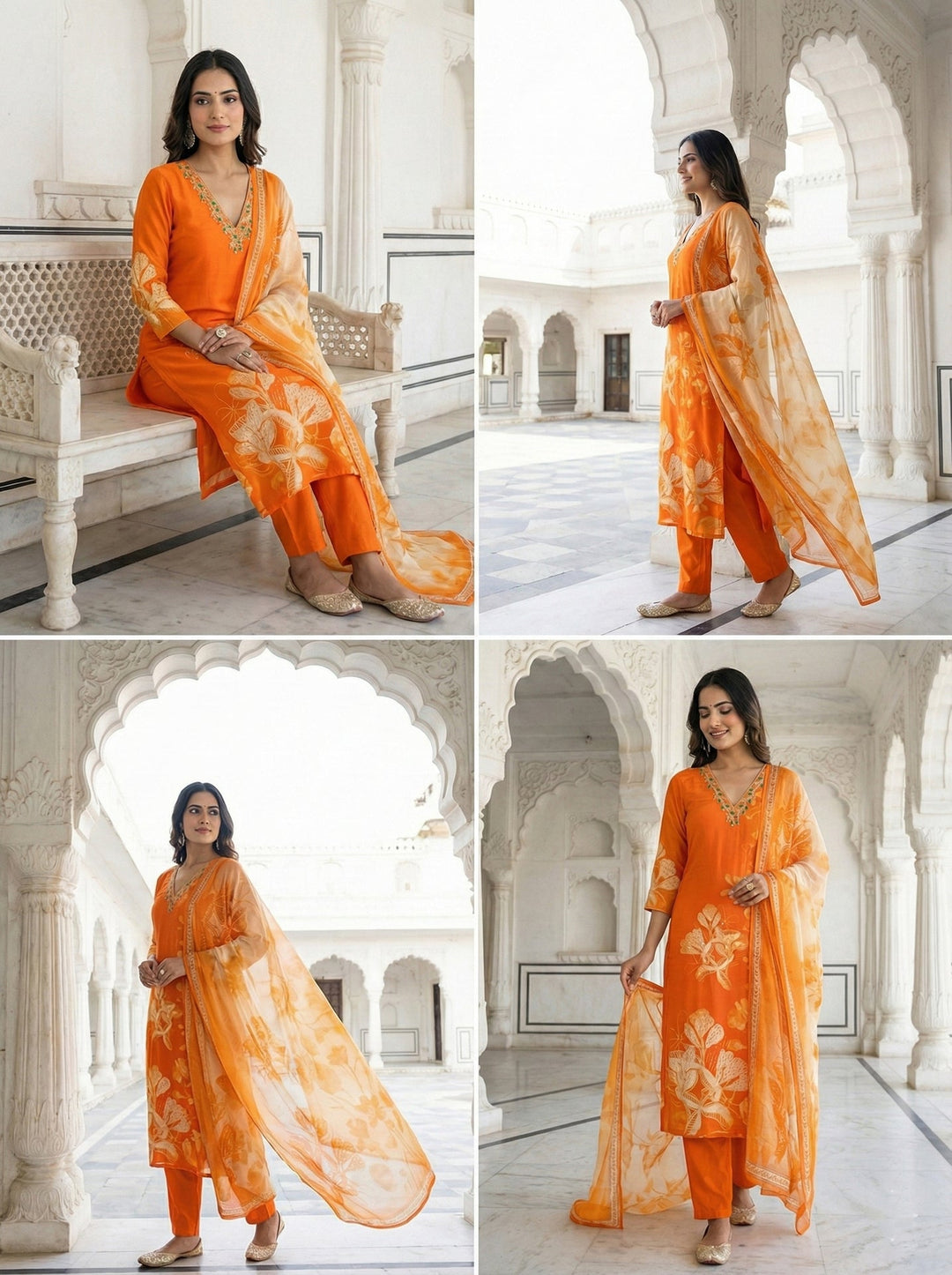 Neerus Orange crepe digital printed suit set - side view