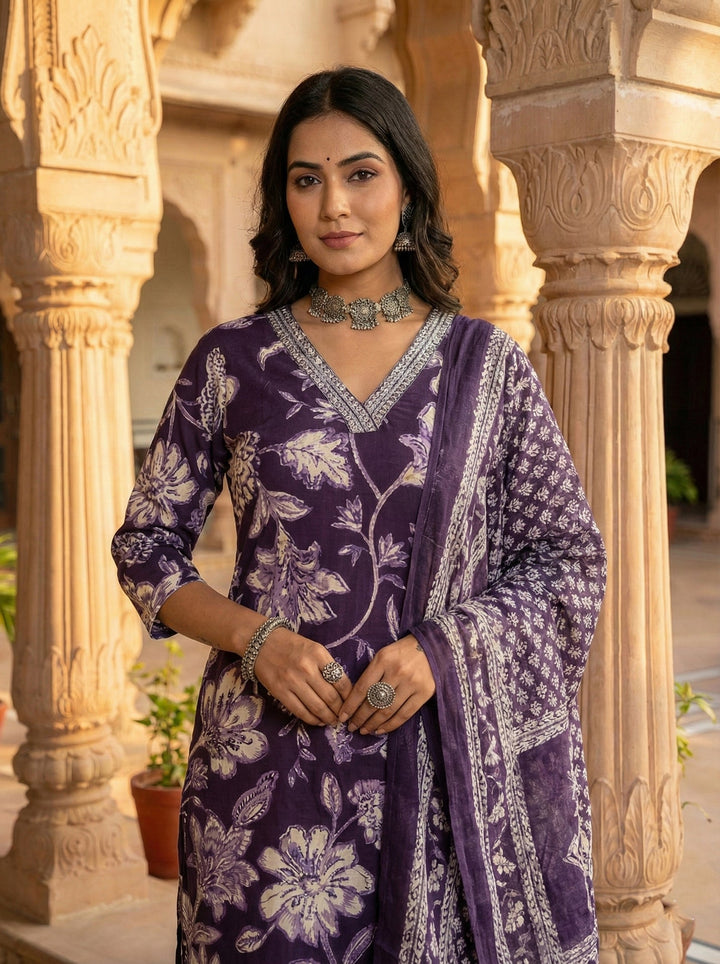 Neerus Purple cotton digital printed suit set - back view
