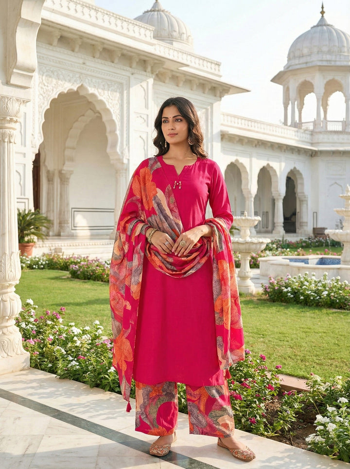 Neerus Pink muslin straight suit set - front view