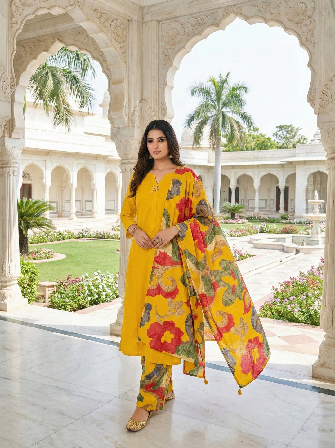 Neerus Yellow muslin solid suit set - back view