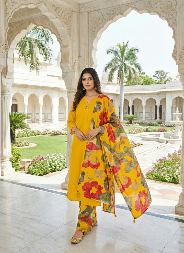 Neerus Yellow muslin solid suit set - front view