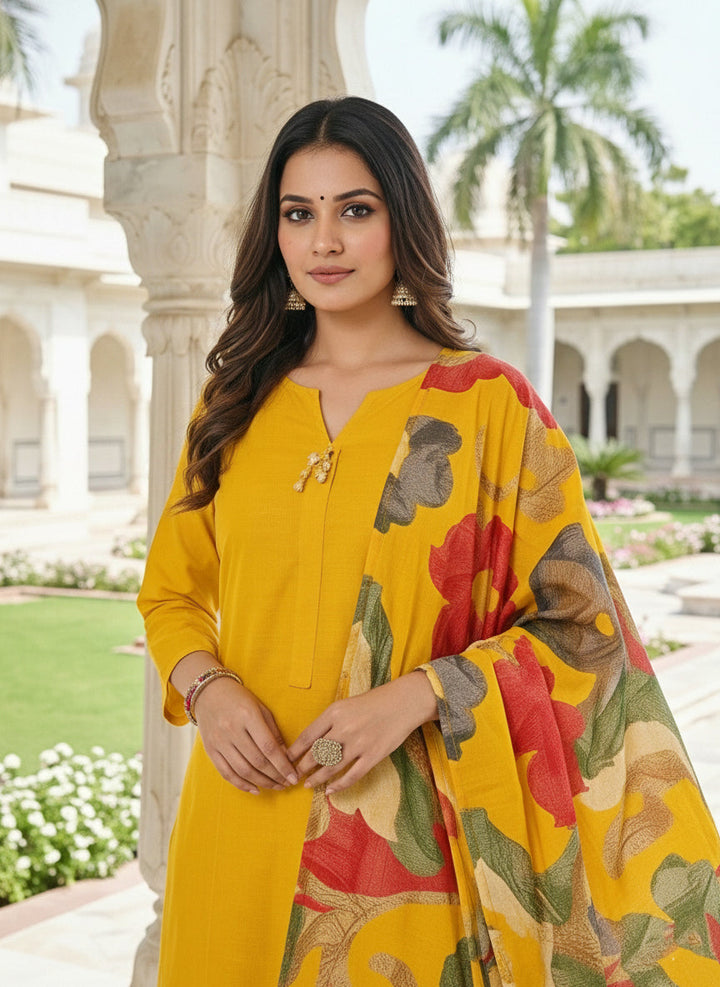 Neerus Yellow muslin solid suit set - detail view 1