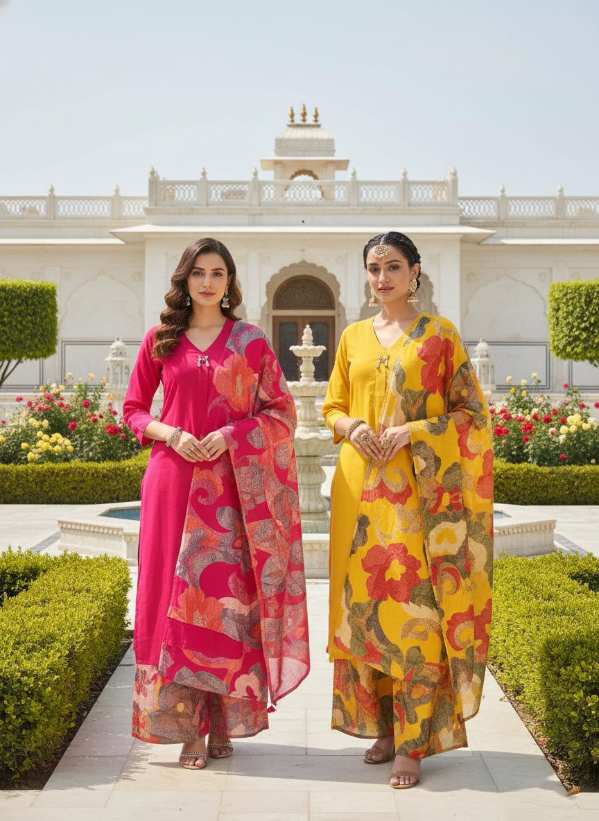 Neerus Yellow muslin solid suit set - side view