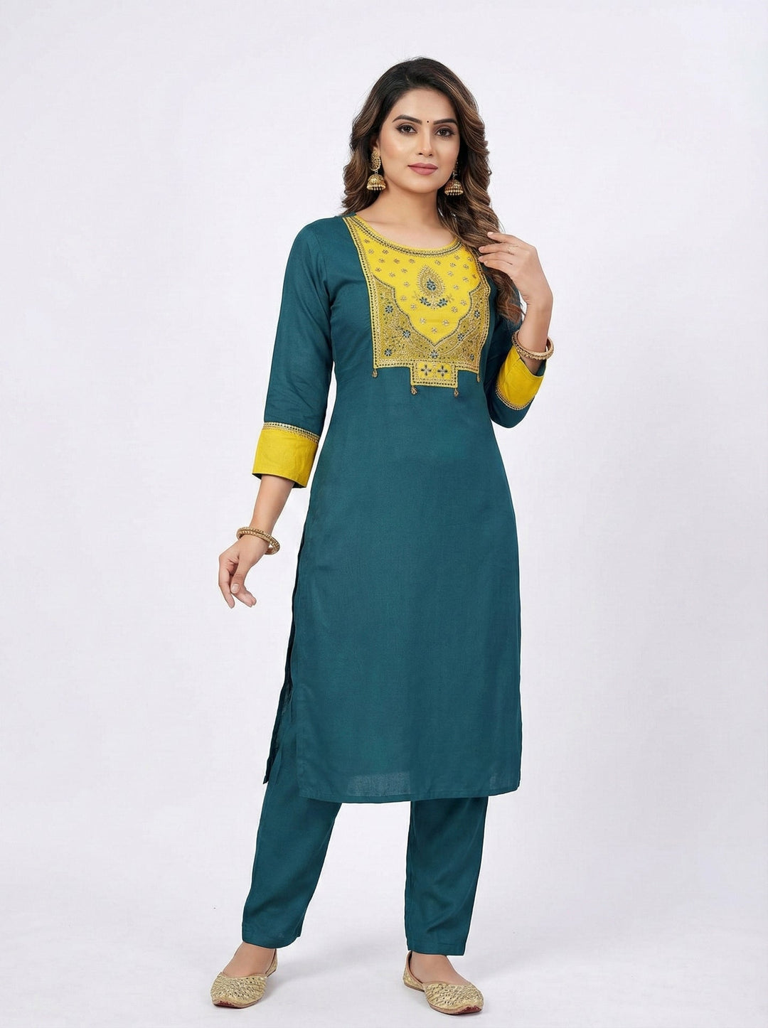 Neerus Green rayon straight suit set - front view